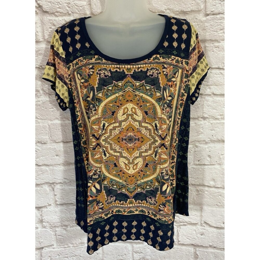 Lucky Brand Womens 1X‎ Cotton Modal Aztec Print Top Blue Scoop Neck Boho 9999